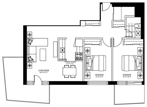 Floor plan for 2 beds, 1 bath, 825 sqft